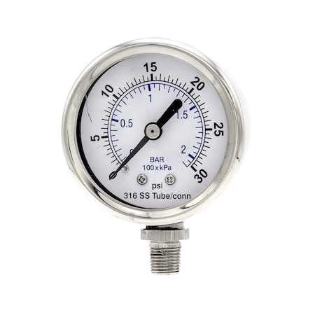 Pro 2 in Dial, 0/30 PSI & Bar, 1/8 in NPT, Lower Mount Dry/Fillable Pressure Gauge PRO-301D-208C-01